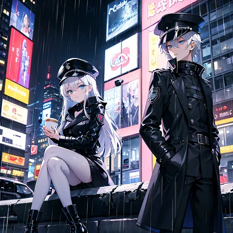 Beautiful,8k,masterpiece,smooth art, accurate light,a girl having date with a men,trenchcoat,rain,night,city,neon,modern,cold face,white hair,blue eye, black cap, busy city,sit face to face,techwear,jacket,romatic pose,cafe