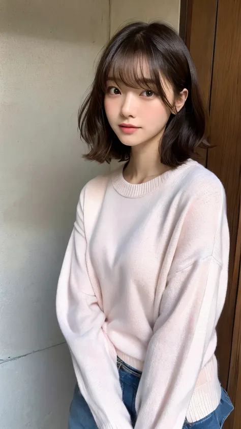 (top-quality、16K resolution)女の子1人、独奏、natural soft light、small tits、A Japanese Lady、Looking at the camera、Pink long-sleeved knit、Concrete background、Facing the front、is standing、bobhair、Woman in her late teens、Light bangs、short-hair、Salon model、Natural look...