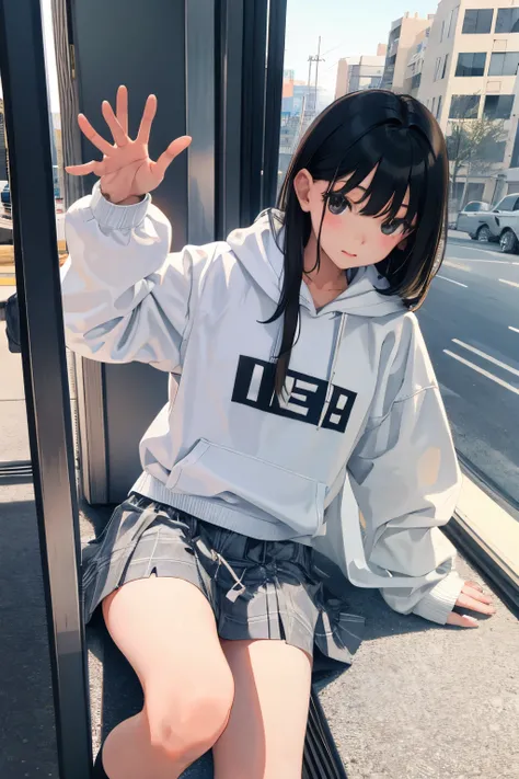 Children，(​masterpiece，Highest Quality)，White hoodie，Grey plaid skirt，A dark-haired，Train