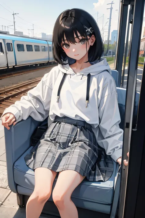 Children，(​masterpiece，Highest Quality)，White hoodie，Grey plaid skirt，A dark-haired，Train