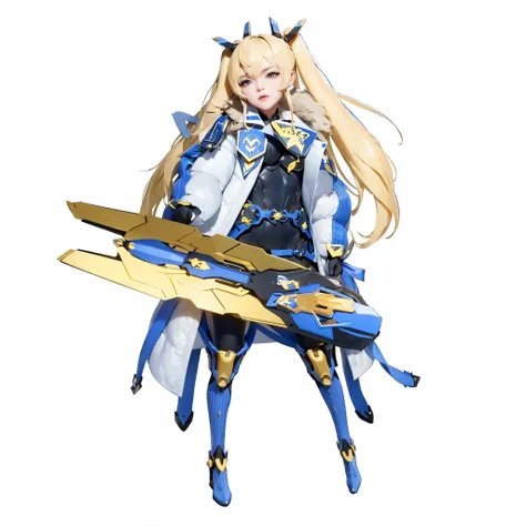 a woman in a blue and yellow outfit holding a large pair of scissors, genshin impact character, ayaka genshin impact, keqing from genshin impact, official character art, mechanized valkyrie girl, katana zero video game character, genshin impact style, port...