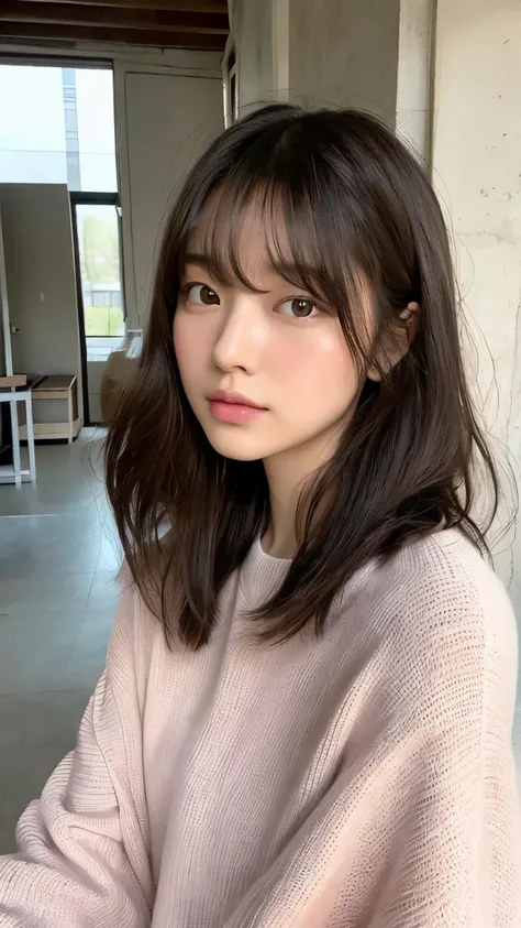 (top-quality、16K resolution)女の子1人、独奏、natural soft light、small tits、A Japanese Lady、Looking at the camera、Pink long-sleeved knit、Concrete background、Facing the front、is standing、bobhair、Woman in her late teens、Light bangs、short-hair、Salon model、Natural look...