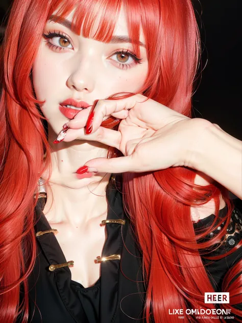 Arafed woman with red hair and red lipstick posing for a photo., cruel korean goth girl, ulzzang, Estilo de color rosa y rojo, pale red, lentes de contacto rojas, con cabello rosado, con el pelo largo y rojo, crimson red hair and red eyes, ((rojo)) ojos ho...