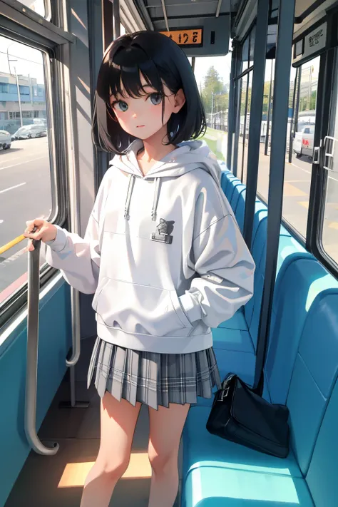 Children，(​masterpiece，Highest Quality)，White hoodie，Grey plaid skirt，A dark-haired，On the bus