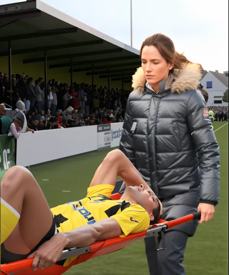 woman pushing a man on a stretcher in a stadium, edited, injured, over-shoulder shot, posed, hurt, realistic scene, stretch, video still, good graphic, digitally painted, famous scene, man, meme, bum, gif, tight shot, man?, realistic shot, warm sunshine, f...