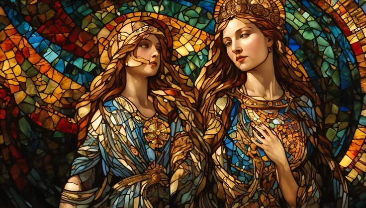 A sketch of two women inside a stained glass with a circular background々new image, Mucha Style 4K, raphaelite and mucha, Raphaelite and Alphonse Mucha, Musha Tiffany Kilian Engineering, demura and alphonse mucha, godesses, Mucha and Artem Demla, Stained Gl...