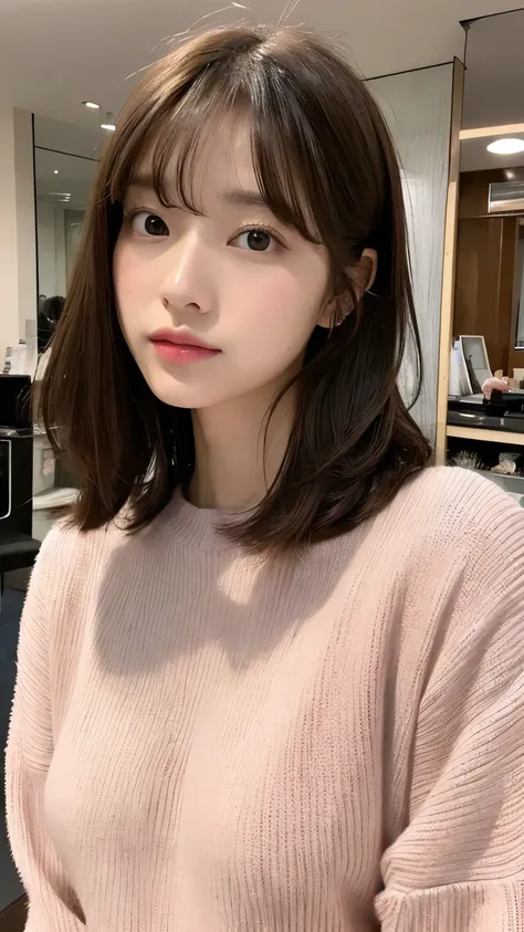 (top-quality、16K resolution)女の子1人、独奏、natural soft light、small tits、A Japanese Lady、Looking at the camera、Pink long-sleeved knit、(Beauty salon background)、Facing the front、is standing、bobhair、Woman in her late teens、Light bangs、short-hair、Salon model、Natura...