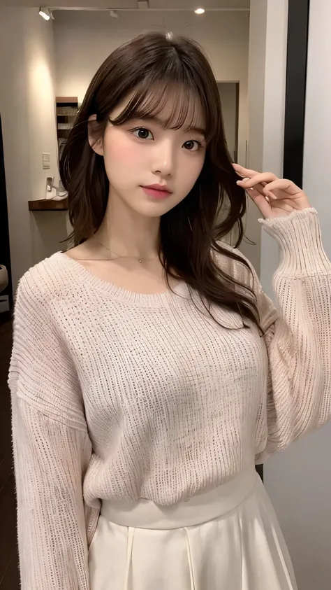 (top-quality、16K resolution)女の子1人、独奏、natural soft light、small tits、A Japanese Lady、Looking at the camera、Pink long-sleeved knit、(Beauty Salon Background)、Facing the front、is standing、bobhair、Woman in her late teens、Light bangs、short-hair、Salon model、Natura...