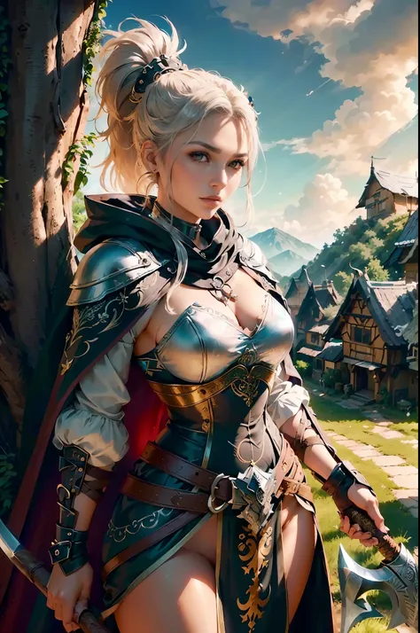 (generate a female warrior with ponytail hair, villagers background, tree behind, horse beside, wearing sexy armor, silver medalion on chest, belt with dragon ornament, (luxury cloak), hold an axe, beautifull sky, beautifull scene, detail village houses, d...