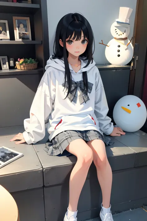 Children，(​masterpiece，Highest Quality)，White hoodie，Grey plaid skirt，A dark-haired，snowman