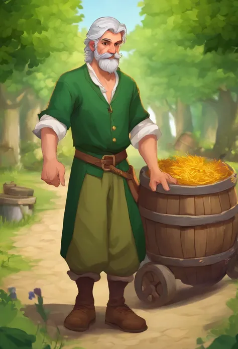 male food merchant, beautiful eyes, green shirt with white sleeves, green pants, gray hair, gray mustache, next to a wooden cart, next to wooden barrels and boxes, far behind is a magical forest, fantasy, Middle Ages, artstation, hdr, intricate details, ci...