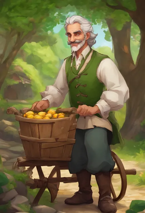 male food merchant, beautiful eyes, green shirt with white sleeves, green pants, gray hair, gray mustache, next to a wooden cart, next to wooden barrels and boxes, far behind is a magical forest, fantasy, Middle Ages, artstation, hdr, intricate details, ci...