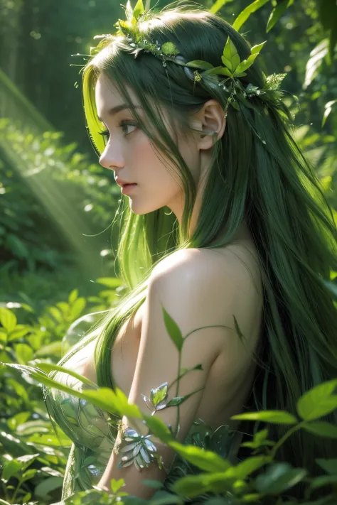 masterpiece, extremely high detail, half body portrait illustration of alluring forest nymph, front view, magical, glowing green eyes, surreal, forest background, magical green fluorescent body, moss, green magical fairy wings, calming, ethereal, long hair...