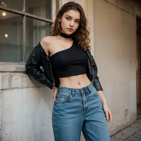 Fourteen year old tall girl French and German brown thick curls shoulder length blue and green eyes long lashes and she wears a baggy jeans croptop in black and a black leather jacket and black boots