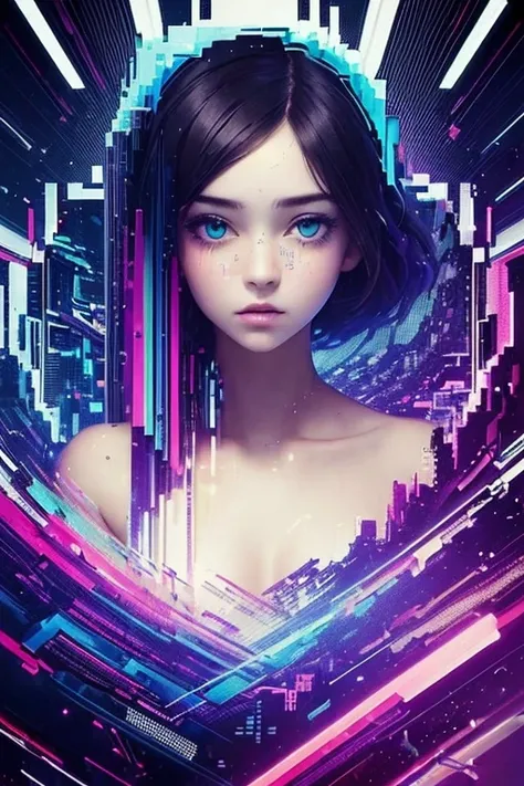 (masterpiece, top quality, best quality, official art, beautiful and aesthetic:1.2), 1girl, glitch art, (digital distortion), pixelated fragments, data corruption,colorful noise, visual chaos,contemporary aesthetics