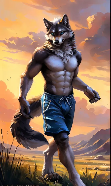 ((Solo)), male people, anthro wolf, (Multi-colored fur, White-brown:1.3，White tail pointed), (Height 2.1m,Tail length 1.2m), ((Wolf face, White hair, Big eyes, White eyelids, Blue pupil, Slim:1.2) (Tough, Calm expression:1.2)), Abs, Slim, pinging)), (Corre...