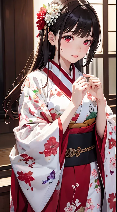 The background is a world of white flowers、Best Quality, masutepiece, High resolution, (((1girl in))), sixteen years old,Red Eyes、Dark red kimono、((Dark red floral kimono)), Tindall Effect, Realistic, Shadow Studio, Red lighting, dual-tone lighting, (High ...