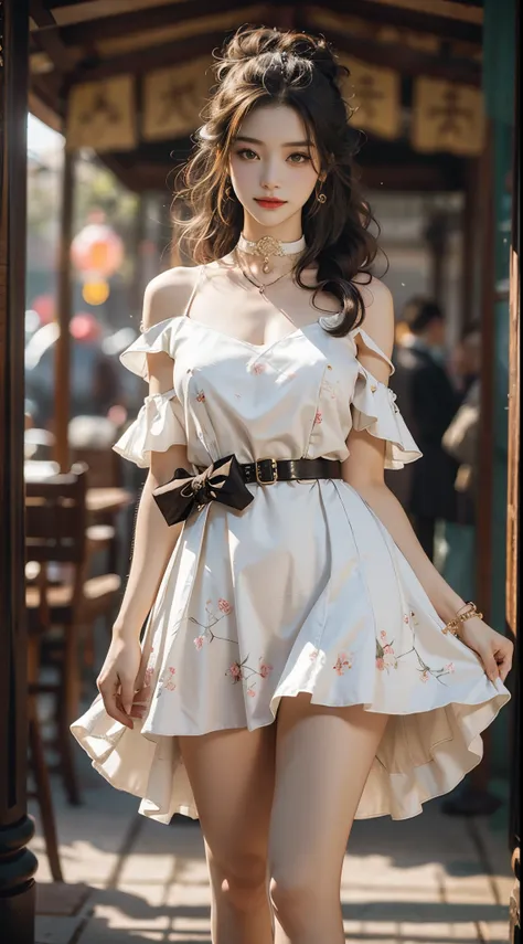 ((realistic)), a young girl, beautiful teenage girl, white floral dress, high-waist, nice belt, cropped shoulders, slim, slimmin...