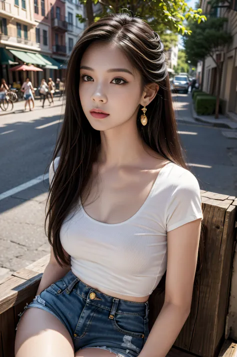 Best quality, masterpiece, super high resolution, (realistic: 1.4), original photo, (evening street), 1 girl, black eyes, looking at the audience, long hair, light makeup, lips, small ears, white t-shirt, denim shorts, earrings, sitting Ferrari, big breast...