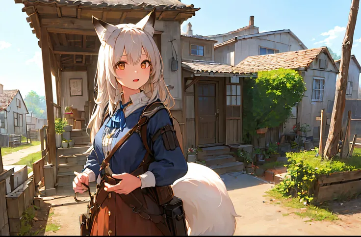 (masterpiece, best quality, ultra-detailed, illustration), beautiful face, perfect body, 1girl, solo, dress, fox ears, fox tail, old backpack, straps, village, old houses, outdoors, folk, legends