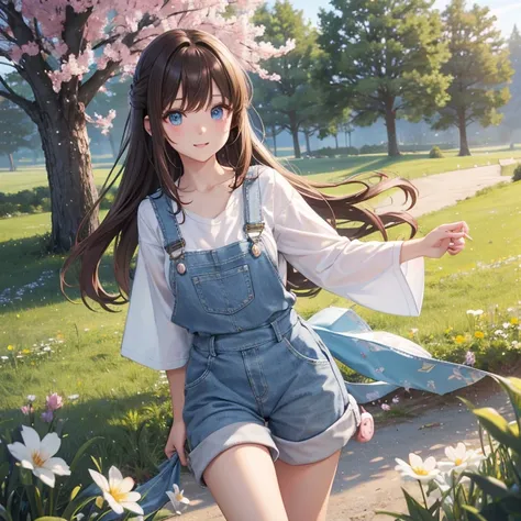 from front，POV，ality，wallpaper 8k CG, hyper quality, the best ，1girl,solo，High quality Japanese Moe illustrations、white shirt、Blue overalls、bright blue eyes、Brown hair color、It depicts a woman with medium long straight hair.。she is pulled to the waist。All ...