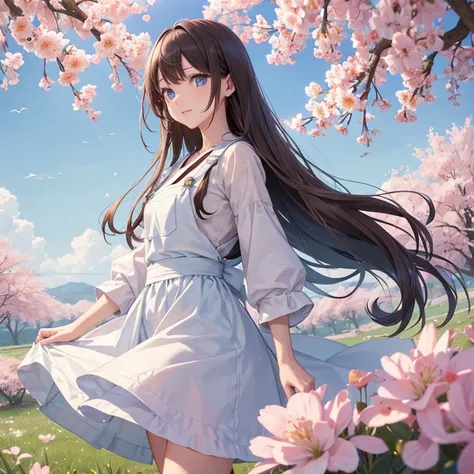 from front，POV，ality，wallpaper 8k CG, hyper quality, the best ，1girl,solo，High quality Japanese Moe illustrations、white shirt、Blue overalls、bright blue eyes、Brown hair color、It depicts a woman with medium long straight hair.。she is pulled to the waist。All ...