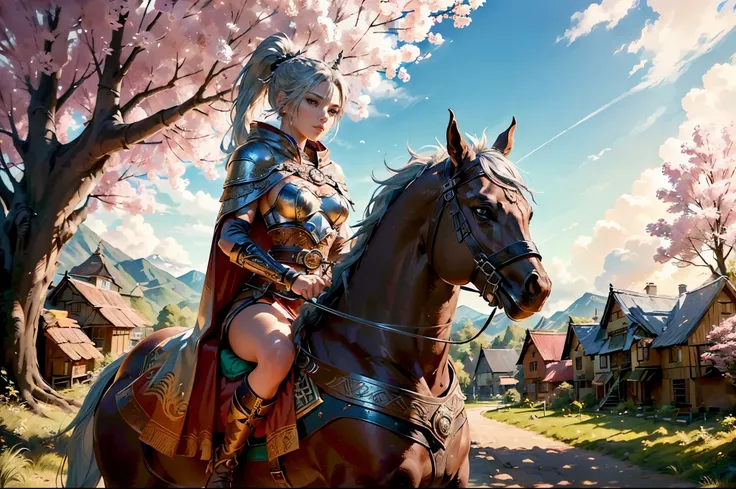 (generate a female warrior with ponytail hair, villagers background, tree behind, riding a horse, wearing sexy armor, silver medalion on chest, belt with dragon head, (luxury cloak), hold an axe, beautifull sky, beautifull scene, detail village houses, det...