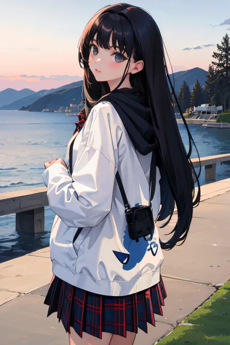 Looks Back，child，（​masterpiece，Highest Quality），Navy Light Hoodie，plaid skirts，A dark-haired，Twin-tailed，porche，The port town