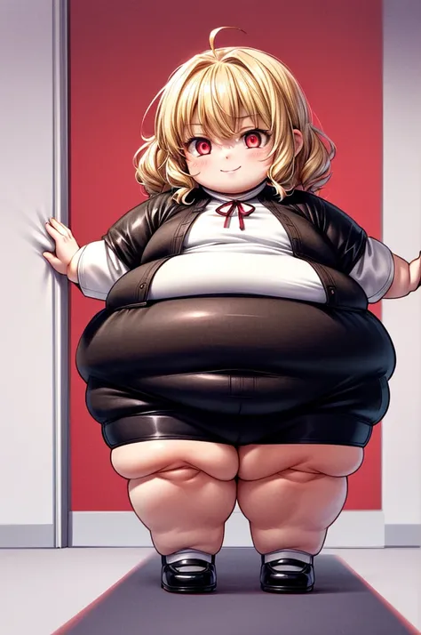 a picture of a small obese child standing behind a door, his face is half hidden, he smiles, evil smile, obese child, loli, blond hair, curly hair, red eyes glowing eyes, wearing white shirt, wearing short pants, modern day child room background, toys spre...