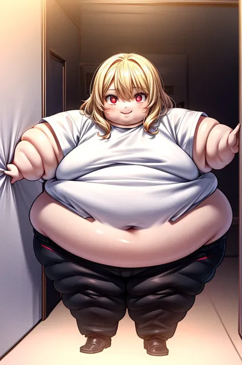 a picture of a small obese child standing behind a door, his face is half hidden, he smiles, evil smile, obese child, loli, blond hair, curly hair, red eyes glowing eyes, wearing white shirt, wearing short pants, modern day child room background, toys spre...