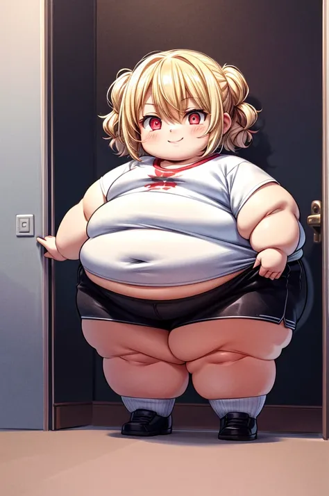 a picture of a small obese child standing behind a door, his face is half hidden, he smiles, evil smile, obese child, loli, blond hair, curly hair, red eyes glowing eyes, wearing white shirt, wearing short pants, modern day child room background, toys spre...