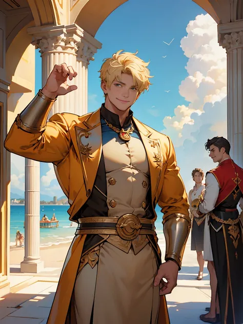 (constantinus the great:1.1, young adult:1.1, warm smile, bright sharp eyes, thick neck, broad shoulders, strong chest, muscular, lifesaver, secretly heir to a world-renowned hotel group, summer resort, masterpiece, ultra-high quality)