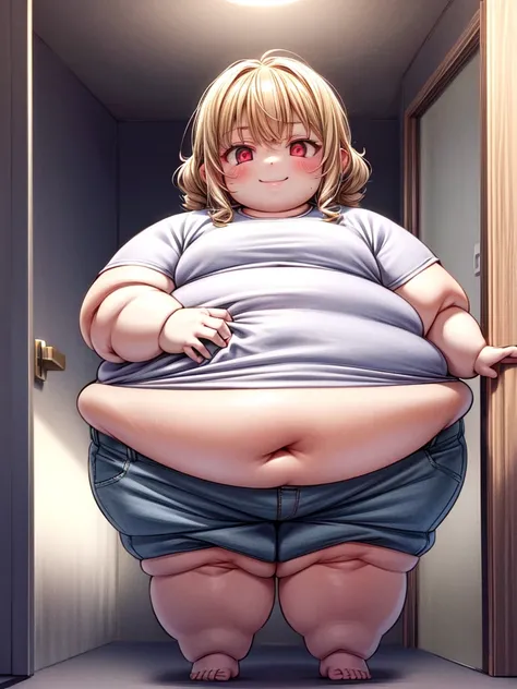 a picture of a small obese child standing behind a door, his face is half hidden, he smiles, evil smile, obese child, loli, blond hair, curly hair, red eyes glowing eyes, wearing white shirt, wearing short pants, modern day child room background, obese lol...