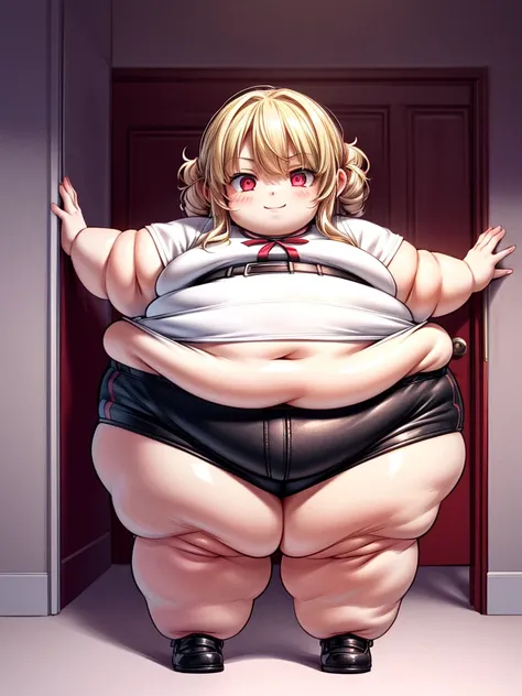 a picture of a small obese child standing behind a door, his face is half hidden, he smiles, evil smile, obese child, loli, blond hair, curly hair, red eyes glowing eyes, wearing white shirt, wearing short pants, modern day child room background, obese lol...