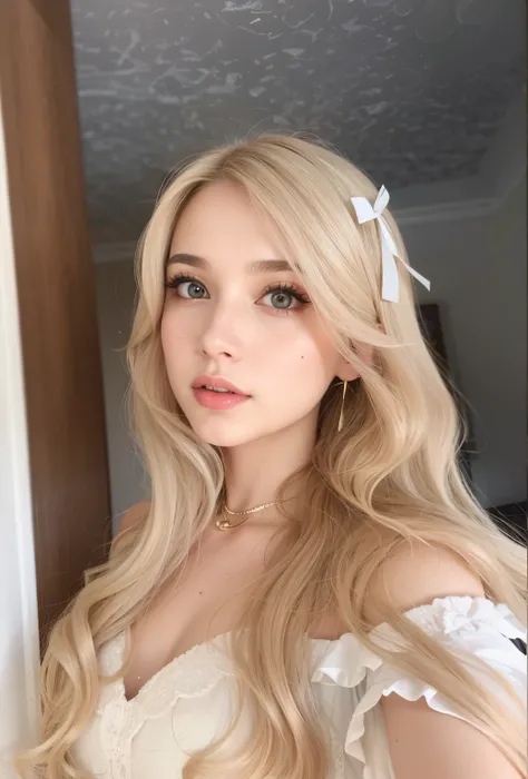 um close up de uma mulher com longos cabelos loiros usando um vestido branco, longos cabelos loiros e olhos grandes, longos cabelos loiros e olhos grandes, Retrato de Kim Petras, linda Delphine, cabelos loiros e olhos grandes, uma menina com cabelo loiro, ...