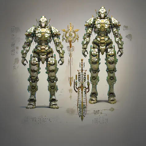 Multiple mechas,((Mechanical soldiers,Templated equipment,Simple folding shield and spear:1.3)),mechanical military power,（（land combat equipment,Black mecha shell,Chinese style armor,Thin exoskeleton armor,traction spike:1.4））,HUMANOID MACHINERY,mechanica...