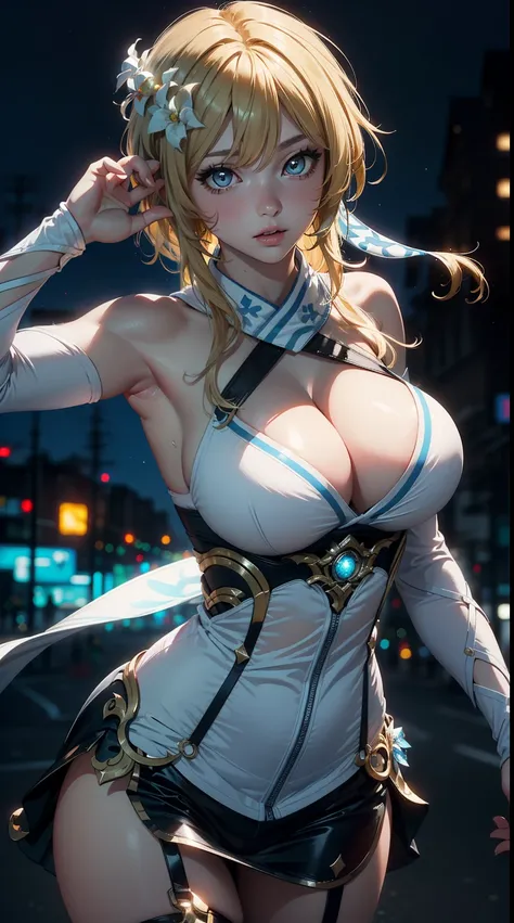 Solo, ((masterpiece)),(best quality),((ultra detailed)), (( blurry night background)), (dynamic angle),((beautiful detailed eyes), ((dynamic pose)), large breast, pretty face, ((sexy, cleavage)),((luminedef))