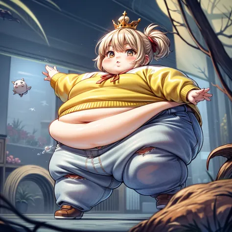 Obese Cute Baby Chibi Anime,Beige hair,White knitwear,Yellow pantyhose in denim shorts,florals,Royal Aquarium, blond child, cute and fat