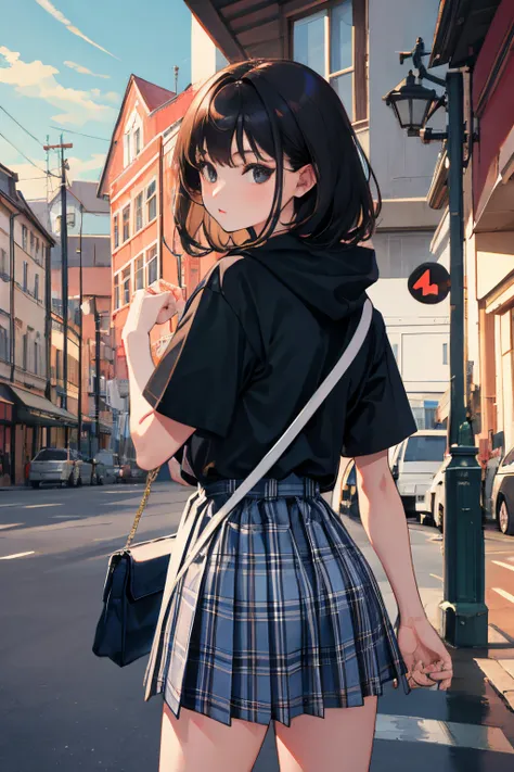 Looks Back，(child)，（​masterpiece，Highest Quality），Hoodie with short sleeves，plaid skirts，A dark-haired，Twin-tailed，Bag，The port town