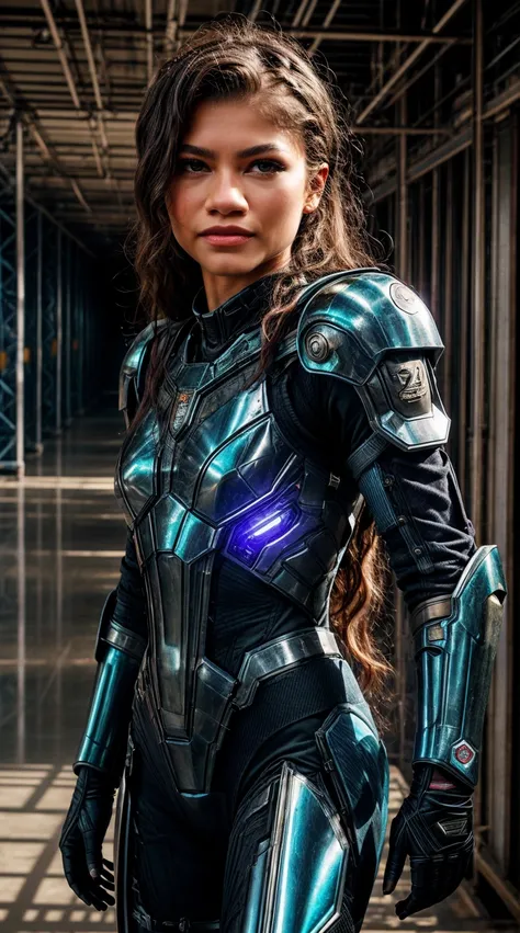 create a striking image of zendaya, embodying strength and confidence, as a 21-year-old female donned in a futuristic, sleek, an...