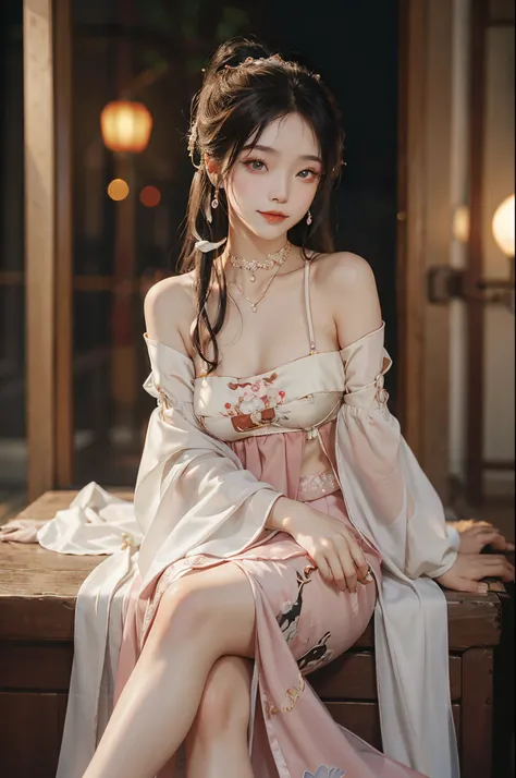 cow boy shot，Chinese style，20 year old Asian model，Smile shyly，a slender waist，Hanfu (Hanfu)，s delicate face，Fluorescent color long skirt，cropped shoulders, natta, Warm color palette, A pair of GGX heels，Random scenes，randome pose，Long legs crossed，flirty ...