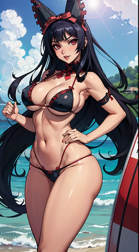 (best quality:1.3), Rory Mercury , (eye sharpness), busty, cleavage, seductive, sexy, curvy body, big ass, big boobs,(thong bikini), (beach)