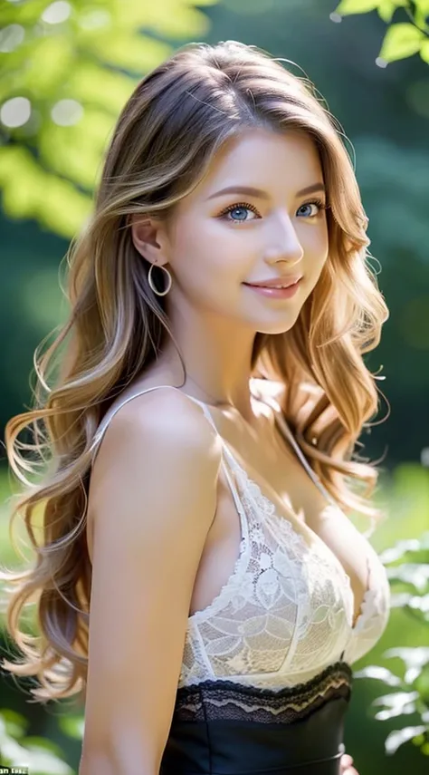 American white woman with unparalleled looks、dark blonde、hair tied with a ribbon、Hair is wavy、The ends of the hair are curled、blue eyess 、A slender、Out of focus background of open meadow in the forest、The sun filtering through the trees is beautiful、a smil...