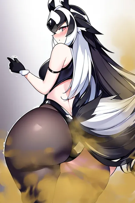 Beautiful knight princess with thick tailed skunk in black and white pattern、Fart with your butt facing through the black and white leotard　It has a large tail with a black and white pattern.　cabelos preto e longos　Beast ears on the head　Stunned face　helme...