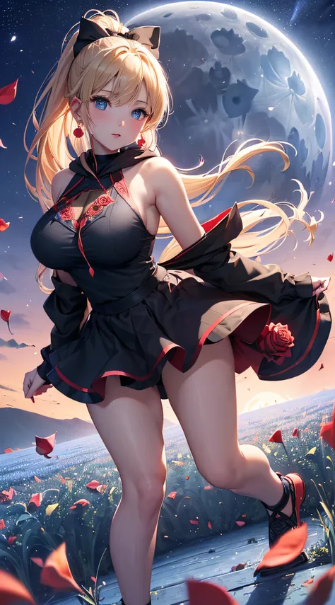 top-quality、Top image quality、​masterpiece、girl with((18year old、Best Bust、big bast,Beautiful blue eyes、Breasts wide open, Blonde ponytail、A slender,Large valleys、Black hoodie、Red and black skirt、Sleeveless、Ruby Earrings、all-fours、Leaning forward)）hiqualit...