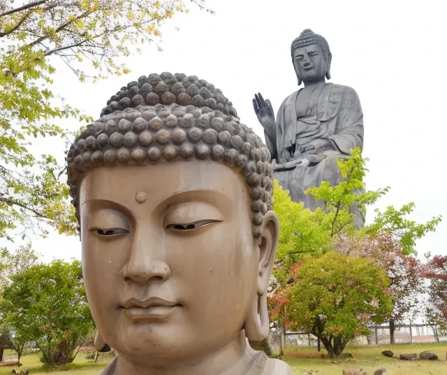 there is a buddha statue in the park with trees in the background, the buddha, buddha, buddhism, giant statues, budista, photo t...