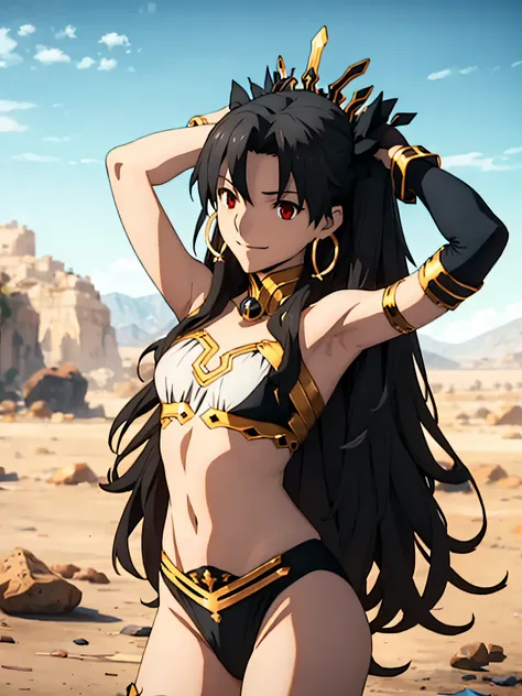 ishtar fate, 1girl, solo, light smile, black hair, red eyes, crown, hoop earrings, white bikini top, black bikini bottom, gold trim, elbow gloves, thighhighs, asymmetrical legwear, shaved armpits, arms behind head, masterpiece