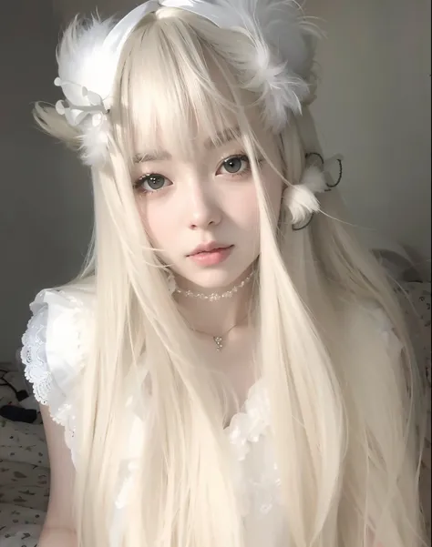 um close up de uma mulher com longos cabelos loiros usando um vestido branco, com cabelos longos brancos, longos cabelos brancos e franja, branco hime corte penteado, com longos cabelos brancos, Ulzzang, pale young ghost girl, cabelos lisos longos e branco...