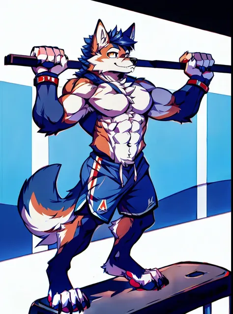 Human-wolf，musculous，Full Body Furry，paws with claws，pass upright，Working out in a gym