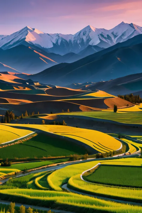 snowy mountains and grasslands in xinjiang，below is the terraced rice field in sichuan，a beautiful combination of two beautiful ...